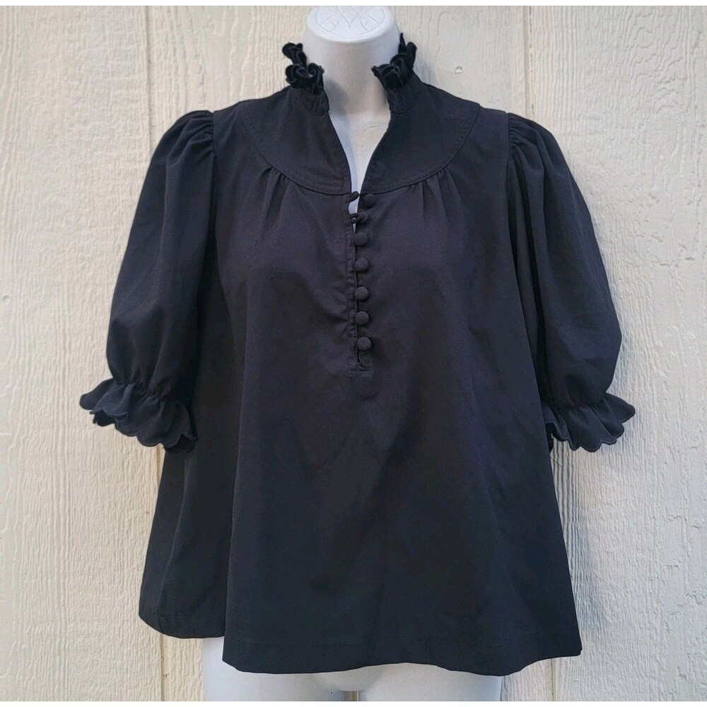 Tuckernuck Pomander Selena Blouse Blk Sz S  Puff Sleeve Ruffle Collar Preppy